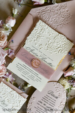 WEDDING INVITATIONS embossed invites Blush Pink Wedding Invitations – Embossed Floral Invitations with Chiffon Ribbon, Deckled Edges, Wax Seal33