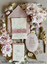 WEDDING INVITATIONS embossed invites Blush Pink Wedding Invitations – Embossed Floral Invitations with Chiffon Ribbon, Deckled Edges, Wax Seal33
