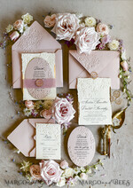 WEDDING INVITATIONS embossed invites Blush Pink Wedding Invitations – Embossed Floral Invitations with Chiffon Ribbon, Deckled Edges, Wax Seal33