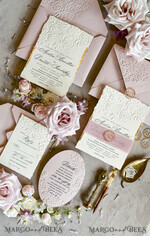 WEDDING INVITATIONS embossed invites Blush Pink Wedding Invitations – Embossed Floral Invitations with Chiffon Ribbon, Deckled Edges, Wax Seal33