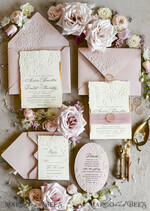 WEDDING INVITATIONS embossed invites Blush Pink Wedding Invitations – Embossed Floral Invitations with Chiffon Ribbon, Deckled Edges, Wax Seal33