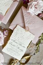 WEDDING INVITATIONS embossed invites Blush Pink Wedding Invitations – Embossed Floral Invitations with Chiffon Ribbon, Deckled Edges, Wax Seal33