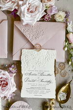 WEDDING INVITATIONS embossed invites Blush Pink Wedding Invitations – Embossed Floral Invitations with Chiffon Ribbon, Deckled Edges, Wax Seal33