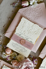 WEDDING INVITATIONS embossed invites Blush Pink Wedding Invitations – Embossed Floral Invitations with Chiffon Ribbon, Deckled Edges, Wax Seal33