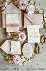 WEDDING INVITATIONS embossed invites Blush Pink Wedding Invitations – Embossed Floral Invitations with Chiffon Ribbon, Deckled Edges, Wax Seal33
