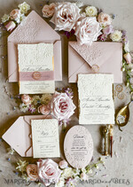 WEDDING INVITATIONS embossed invites Blush Pink Wedding Invitations – Embossed Floral Invitations with Chiffon Ribbon, Deckled Edges, Wax Seal33