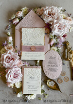 WEDDING INVITATIONS embossed invites Blush Pink Wedding Invitations – Embossed Floral Invitations with Chiffon Ribbon, Deckled Edges, Wax Seal33