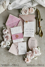 WEDDING INVITATIONS embossed invites Blush Pink Velvet Wedding Invitations – Embossed Floral Invitations with Deckled Edges, Wax Seal & Fine Art Paper29
