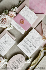 WEDDING INVITATIONS embossed invites Blush Pink Velvet Wedding Invitations – Embossed Floral Invitations with Deckled Edges, Wax Seal & Fine Art Paper29