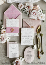 WEDDING INVITATIONS embossed invites Blush Pink Velvet Wedding Invitations – Embossed Floral Invitations with Deckled Edges, Wax Seal & Fine Art Paper29