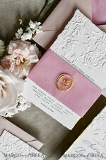 WEDDING INVITATIONS embossed invites Blush Pink Velvet Wedding Invitations – Embossed Floral Invitations with Deckled Edges, Wax Seal & Fine Art Paper29
