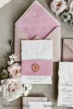 WEDDING INVITATIONS embossed invites Blush Pink Velvet Wedding Invitations – Embossed Floral Invitations with Deckled Edges, Wax Seal & Fine Art Paper29