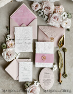 WEDDING INVITATIONS embossed invites Blush Pink Velvet Wedding Invitations – Embossed Floral Invitations with Deckled Edges, Wax Seal & Fine Art Paper29