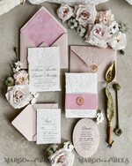 WEDDING INVITATIONS embossed invites Blush Pink Velvet Wedding Invitations – Embossed Floral Invitations with Deckled Edges, Wax Seal & Fine Art Paper29