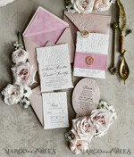 WEDDING INVITATIONS embossed invites Blush Pink Velvet Wedding Invitations – Embossed Floral Invitations with Deckled Edges, Wax Seal & Fine Art Paper29