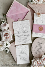 WEDDING INVITATIONS embossed invites Blush Pink Velvet Wedding Invitations – Embossed Floral Invitations with Deckled Edges, Wax Seal & Fine Art Paper29