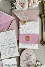 WEDDING INVITATIONS embossed invites Blush Pink Velvet Wedding Invitations – Embossed Floral Invitations with Deckled Edges, Wax Seal & Fine Art Paper29