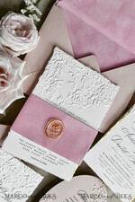 WEDDING INVITATIONS embossed invites Blush Pink Velvet Wedding Invitations – Embossed Floral Invitations with Deckled Edges, Wax Seal & Fine Art Paper29