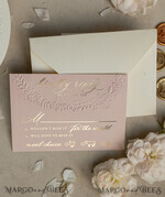 WEDDING INVITATIONS embossed invites  Fine Art Embossed Blind Ivory Gold Wedding Invitation, Golden deboss Floral Wedding Invitation, Boho Ecru Debossed Invitation suite,  Cotton paper wedding invitation suite with mirror heart21