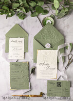 WEDDING INVITATIONS embossed invites  Gold Wedding Invitations,  Fine Art Embossed Blind Sage green deboss Floral Wedding Invitation, Boho Ecru Debossed Invitation suite,  Cotton paper wedding invitation suite with mirror heart16