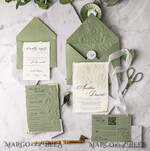 WEDDING INVITATIONS embossed invites  Gold Wedding Invitations,  Fine Art Embossed Blind Sage green deboss Floral Wedding Invitation, Boho Ecru Debossed Invitation suite,  Cotton paper wedding invitation suite with mirror heart16