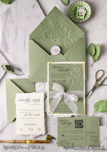 WEDDING INVITATIONS embossed invites  Gold Wedding Invitations,  Fine Art Embossed Blind Sage green deboss Floral Wedding Invitation, Boho Ecru Debossed Invitation suite,  Cotton paper wedding invitation suite with mirror heart16
