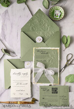 WEDDING INVITATIONS embossed invites  Gold Wedding Invitations,  Fine Art Embossed Blind Sage green deboss Floral Wedding Invitation, Boho Ecru Debossed Invitation suite,  Cotton paper wedding invitation suite with mirror heart16