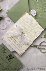 WEDDING INVITATIONS embossed invites  Gold Wedding Invitations,  Fine Art Embossed Blind Sage green deboss Floral Wedding Invitation, Boho Ecru Debossed Invitation suite,  Cotton paper wedding invitation suite with mirror heart16