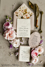 WEDDING INVITATIONS embossed invites Blush Pink Velvet Wedding Invitations – Embossed Floral Invitations with Deckled Edges, Wax Seal & Fine Art Paper33