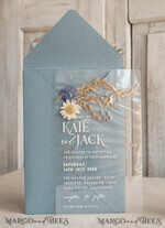 WEDDING INVITATIONS plexi acrylic mirror Dusty Blue  Clear real flowers Wedding Invitations, Elegant Garden  pampass gras Wedding Cards, Velvet  transparent  Wedding Invites,  Wedding Invitation Suite12