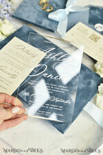 WEDDING INVITATIONS plexi acrylic mirror velvet Cover Clear Wedding Invitations, Elegant dusty blue Wedding Cards,  Acrylic Wedding Invites, Mirror Gold Plexi Invitation Suite25