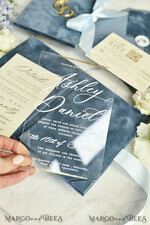 WEDDING INVITATIONS plexi acrylic mirror velvet Cover Clear Wedding Invitations, Elegant dusty blue Wedding Cards,  Acrylic Wedding Invites, Mirror Gold Plexi Invitation Suite25