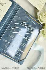 WEDDING INVITATIONS plexi acrylic mirror velvet Cover Clear Wedding Invitations, Elegant dusty blue Wedding Cards,  Acrylic Wedding Invites, Mirror Gold Plexi Invitation Suite25