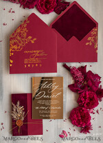WEDDING INVITATIONS plexi acrylic mirror Burgundy Mirror gold Wedding Invitations, Elegant Garden Wedding Cards, maroon Acrylic Wedding Invites, Pampass Grass Gold Plexi Wedding Invitation Suite26