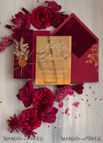 WEDDING INVITATIONS plexi acrylic mirror Burgundy Mirror gold Wedding Invitations, Elegant Garden Wedding Cards, maroon Acrylic Wedding Invites, Pampass Grass Gold Plexi Wedding Invitation Suite26