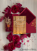 WEDDING INVITATIONS plexi acrylic mirror Burgundy Mirror gold Wedding Invitations, Elegant Garden Wedding Cards, maroon Acrylic Wedding Invites, Pampass Grass Gold Plexi Wedding Invitation Suite26