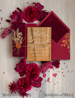 WEDDING INVITATIONS plexi acrylic mirror Burgundy Mirror gold Wedding Invitations, Elegant Garden Wedding Cards, maroon Acrylic Wedding Invites, Pampass Grass Gold Plexi Wedding Invitation Suite26