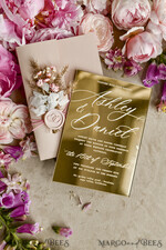 WEDDING INVITATIONS plexi acrylic mirror Gold Mirror Acrylic Wedding Invitations – Luxury Plexiglass Wedding Invitation Suite with Wax Seal & QR RSVP23