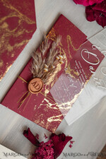 WEDDING INVITATIONS plexi acrylic mirror Burgundy Mirror gold Wedding Invitations, Elegant Marble Wedding Cards, maroon Acrylic Wedding Invites, Pampass Grass Gold Plexi Wedding Invitation Suite23