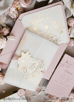 WEDDING INVITATIONS whimsical boho invites Vintage Floral golden Crest Monogram Blush Wedding Invitation with chiffon torn bow,  French Provence Garden Elegant Floral Wedding Invitation suite Deckled Torn edges , Elegant Toile de Jouy & Baroque Invitation set 31
