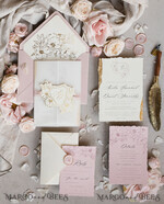 WEDDING INVITATIONS whimsical boho invites Vintage Floral golden Crest Monogram Blush Wedding Invitation with chiffon torn bow,  French Provence Garden Elegant Floral Wedding Invitation suite Deckled Torn edges , Elegant Toile de Jouy & Baroque Invitation set 31