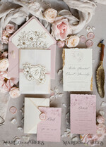 WEDDING INVITATIONS whimsical boho invites Vintage Floral golden Crest Monogram Blush Wedding Invitation with chiffon torn bow,  French Provence Garden Elegant Floral Wedding Invitation suite Deckled Torn edges , Elegant Toile de Jouy & Baroque Invitation set 31