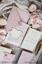 WEDDING INVITATIONS whimsical boho invites Vintage Floral golden Crest Monogram Blush Wedding Invitation with chiffon torn bow,  French Provence Garden Elegant Floral Wedding Invitation suite Deckled Torn edges , Elegant Toile de Jouy & Baroque Invitation set 31