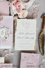 WEDDING INVITATIONS whimsical boho invites Vintage Floral golden Crest Monogram Blush Wedding Invitation with chiffon torn bow,  French Provence Garden Elegant Floral Wedding Invitation suite Deckled Torn edges , Elegant Toile de Jouy & Baroque Invitation set 31