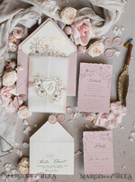 WEDDING INVITATIONS whimsical boho invites Vintage Floral golden Crest Monogram Blush Wedding Invitation with chiffon torn bow,  French Provence Garden Elegant Floral Wedding Invitation suite Deckled Torn edges , Elegant Toile de Jouy & Baroque Invitation set 31