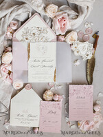 WEDDING INVITATIONS whimsical boho invites Vintage Floral golden Crest Monogram Blush Wedding Invitation with chiffon torn bow,  French Provence Garden Elegant Floral Wedding Invitation suite Deckled Torn edges , Elegant Toile de Jouy & Baroque Invitation set 31