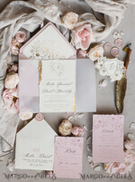 WEDDING INVITATIONS whimsical boho invites Vintage Floral golden Crest Monogram Blush Wedding Invitation with chiffon torn bow,  French Provence Garden Elegant Floral Wedding Invitation suite Deckled Torn edges , Elegant Toile de Jouy & Baroque Invitation set 31