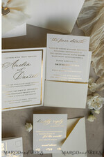 WEDDING INVITATIONS whimsical boho invites Folder Ivory Gold Wedding Invitation with chiffon torn bow and natural dried flowers , Golden Elegant Roses Floral Wedding Invitation with golden mirror heart20