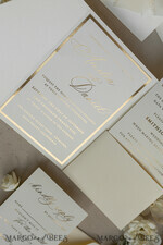 WEDDING INVITATIONS whimsical boho invites Folder Ivory Gold Wedding Invitation with chiffon torn bow and natural dried flowers , Golden Elegant Roses Floral Wedding Invitation with golden mirror heart20