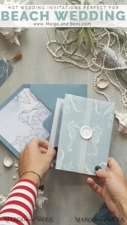 Beach Wedding Invitation  Sea Horses Laser cut Pull out folder